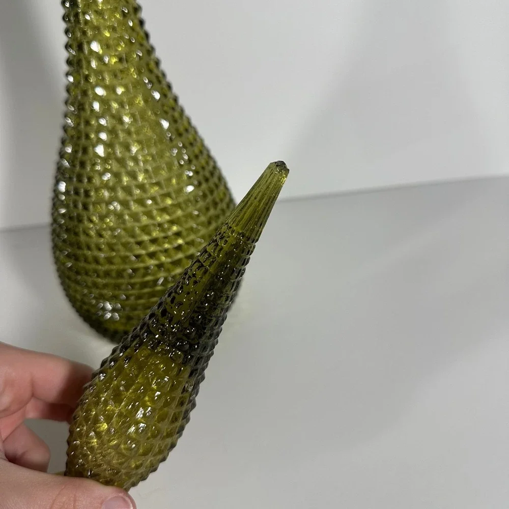 Vintage Empoli Italian Olive Green Glass Genie Bottle Decanter Diamond‎ Hobnail